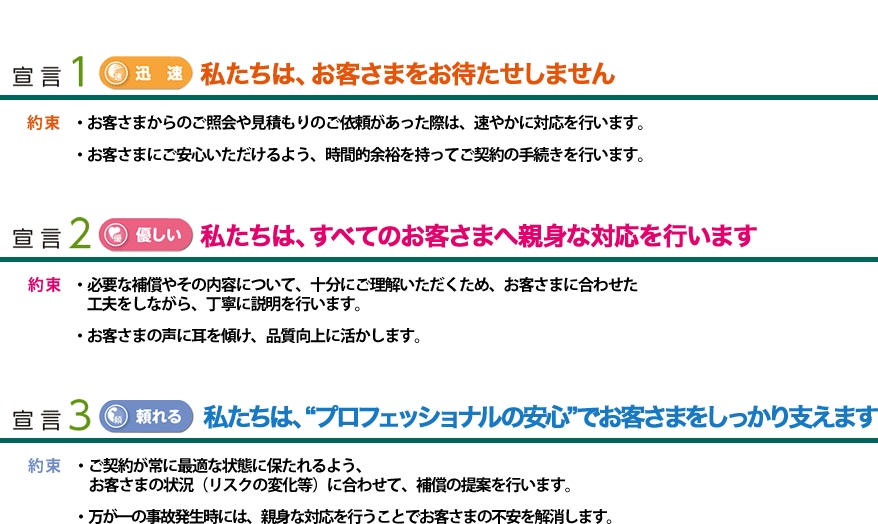 宣言1 迅速 私たちは、お客さまをお待たせしません 約束 お客さまからのご照会や見積もりのご依頼があった際は、速やかに対応を行います。お客さまにご安心いただけるよう、時間的余裕を持ってご契約の手続きを行います。/宣言2 優しい 私たちは、すべてのお客さまへ親身な対応を行います 約束 必要な補償やその内容について、十分にご理解いただくため、お客さまに合わせた工夫をしながら、丁寧に説明を行います。 お客さまの声に耳を傾け、品質向上に活かします。/宣言3 頼れる 私たちは、“プロフェッショナルの安心”でお客さまをしっかり支えます 約束 ご契約が常に最適な状態に保たれるよう、お客さまの状況(リスクの変化等)に合わせて、補償の提案を行います。 万が一の事故発生時には、親身な対応を行うことでお客さまの不安を解消します。