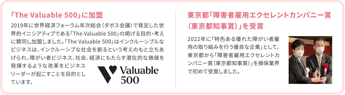 [「The Valuable 500」に加盟]2019年に世界経済フォーラム年次総会（ダボス会議）で発足した世界的イニシアティブである「The Valuable 500」の掲げる目的・考えに賛同し加盟しました。「The Valuable 500」はインクルーシブルなビジネスは、インクルーシブな社会を創るという考えのもと立ちあげられ、障がい者ビジネス、社会、経済にもたらす潜在的な価値を発揮するような改革をビジネスリーダーが起こすことを目的としています。[東京都「障害者雇用エクセレントカンパニー賞（東京都知事賞）」を受賞]2022年に「特色ある優れた障がい者雇用の取り組みを行う優良な企業」として、東京都から「障害者雇用エクセレントカンパニー賞（東京都知事賞）」を損保業界で初めて受賞しました。